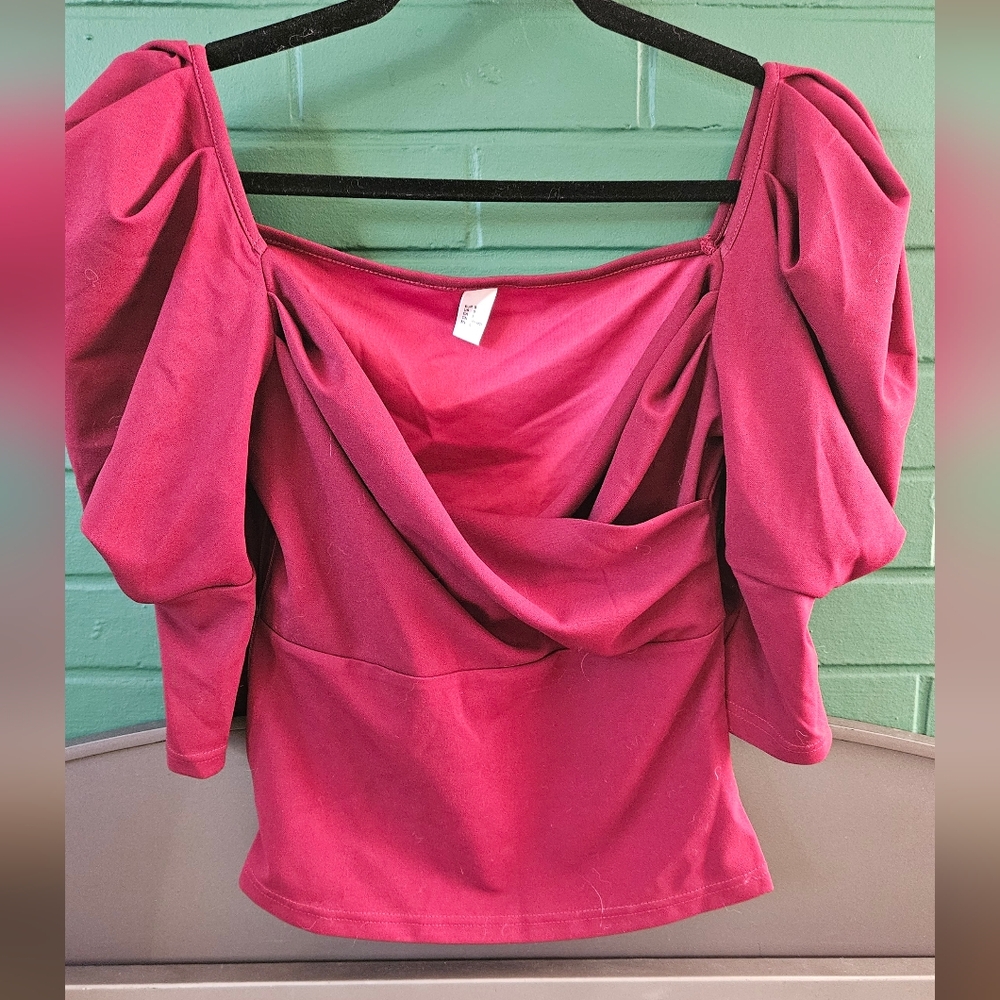 Women's Draped Puff-Sleeve Top in Burgundy